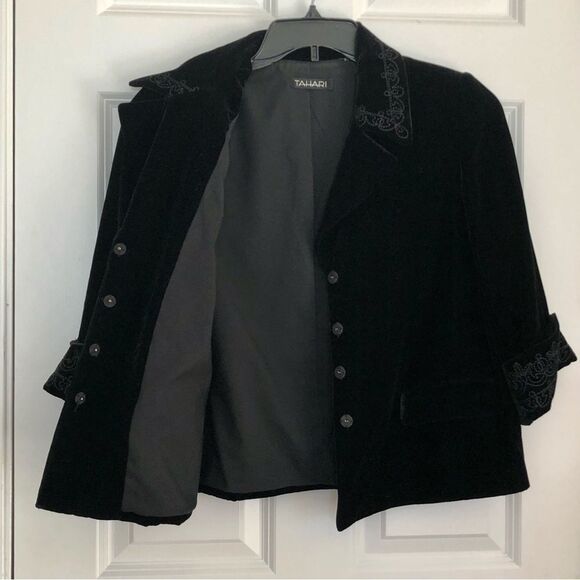 TAHARI WOMEN'S JACKET BLAZER BLACK VELOUR SIZE SMALL COLLARED 3/4 SLEEVE SILK - Picture 6 of 13